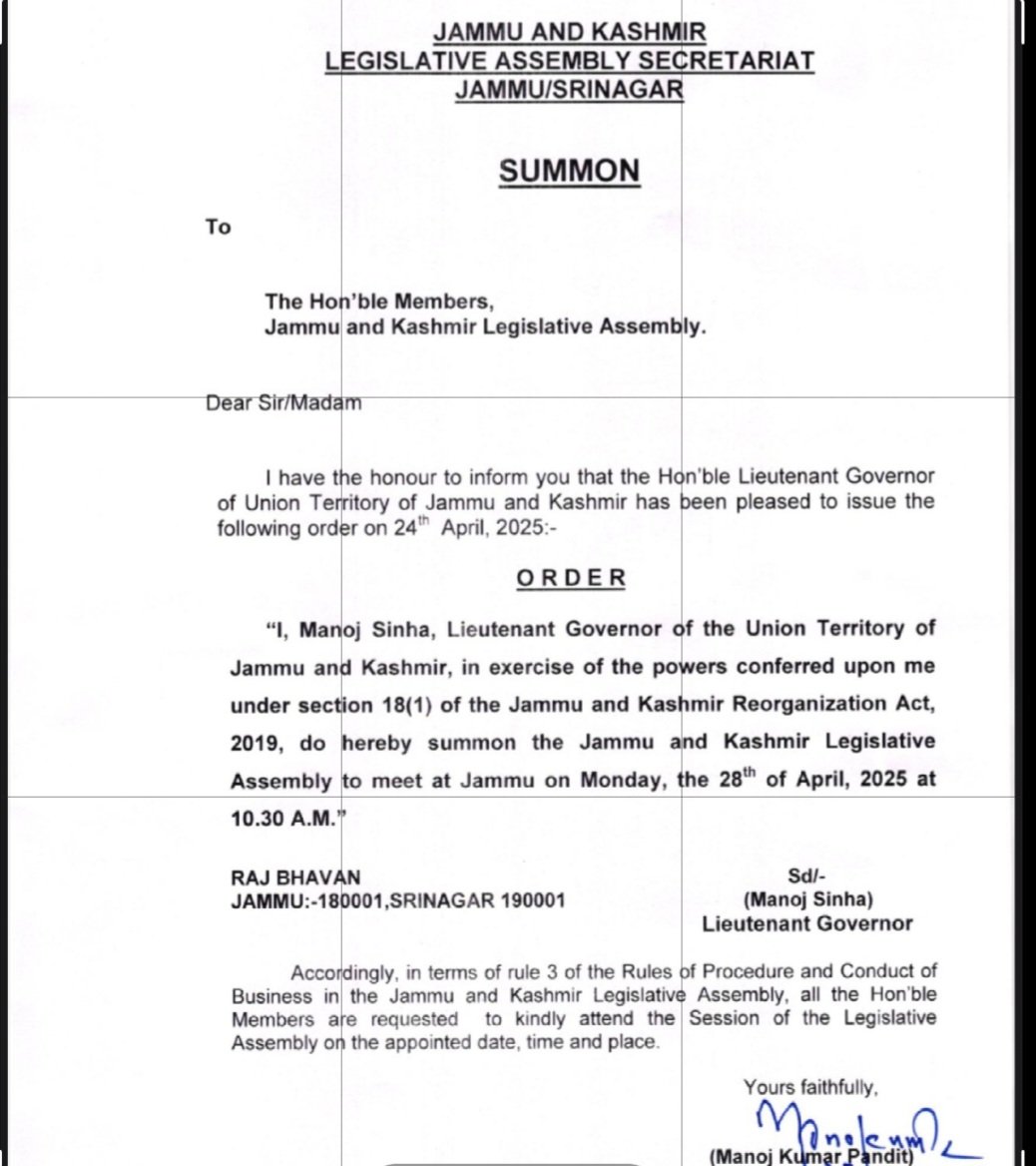 🚨 BIG BREAKING: J&K LG Manoj Sinha Calls Special Assembly Session on April 28 – What’s on the Agenda?