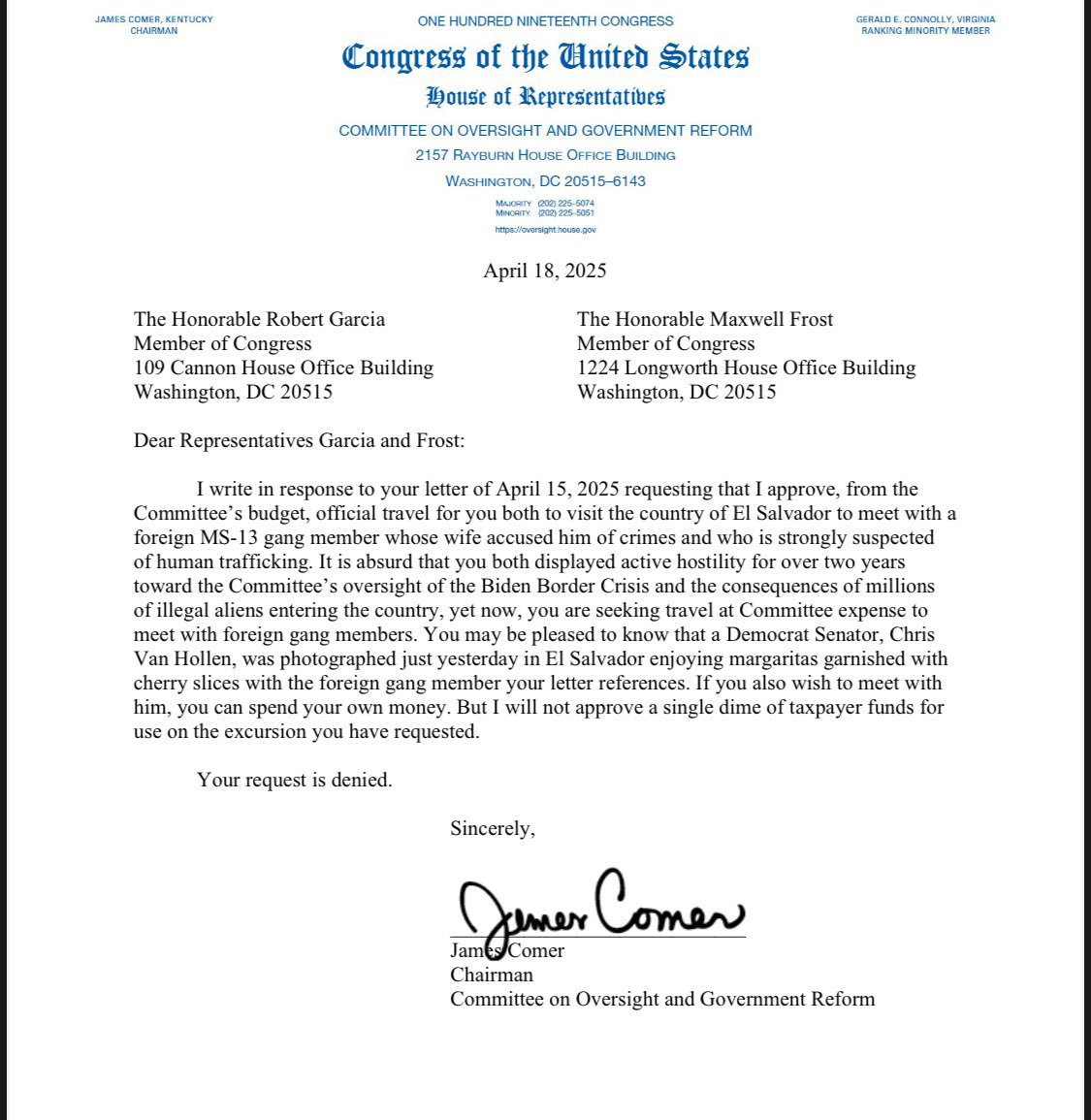 🚨BREAKING: Oversight Chair James Comer Takes Action to Prevent Taxpayer Dollars from Funding Democrat Trips to El Salvador