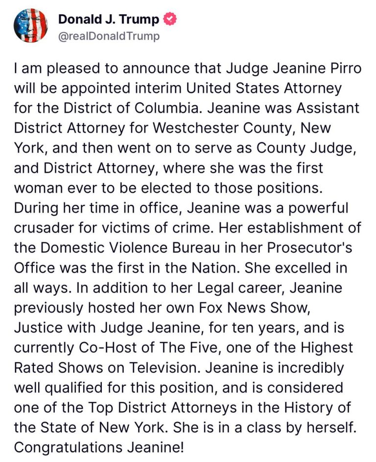 🚨BREAKING: Trump Shakes Up DC with Judge Jeanine Pirro as New Interim US Attorney—What’s Next for the Capital?