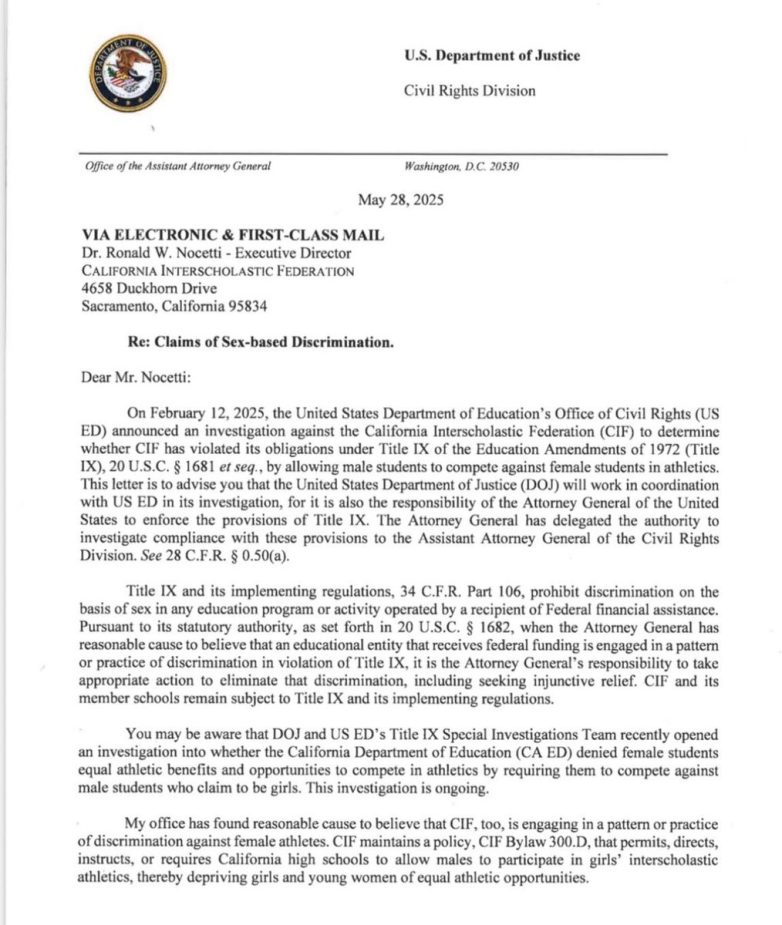 DOJ probes JurupaUSD for allowing male athlete to dominate girls' track. Title IX investigation, transgender athlete, female athletes, gender equity, sports competition, DOJ action, high school sports, gender identity, athletic fairness, gender discrimination.