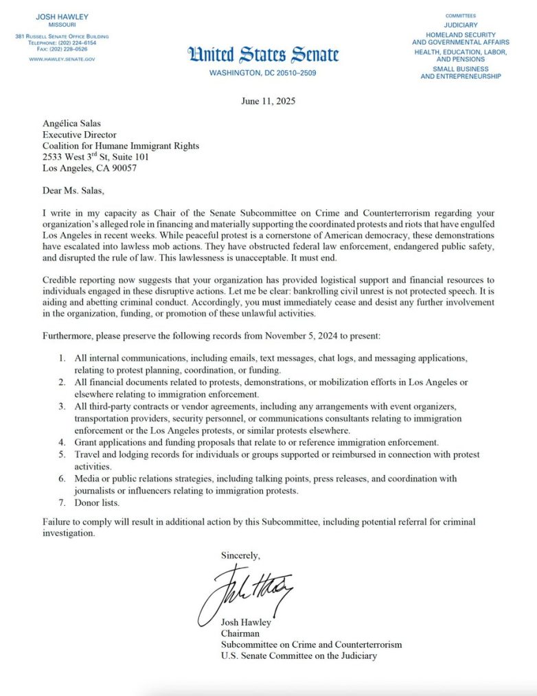 "Senator Hawley Launches Controversial Probe into LA Riot Funders!" Senator investigation funding, LA riots organizers, Coalition for Humane Immigrant Rights documents