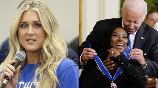 "Simone Biles Shines While Riley Gaines Rants—Are Medals Fair?"  Olympic gymnastics achievements, sports media controversies, athlete representation in competition