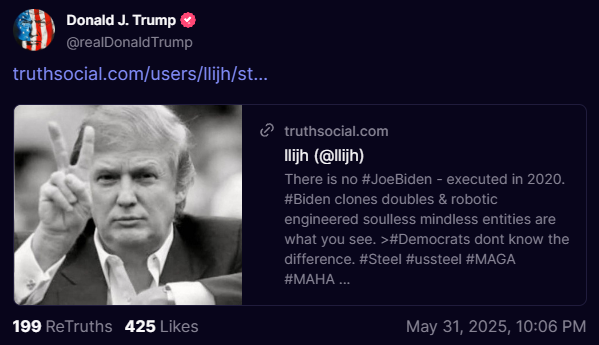 Trump Claims Biden Executed in 2020—Are Clones Running America? conspiracy theories, political satire, AI in politics