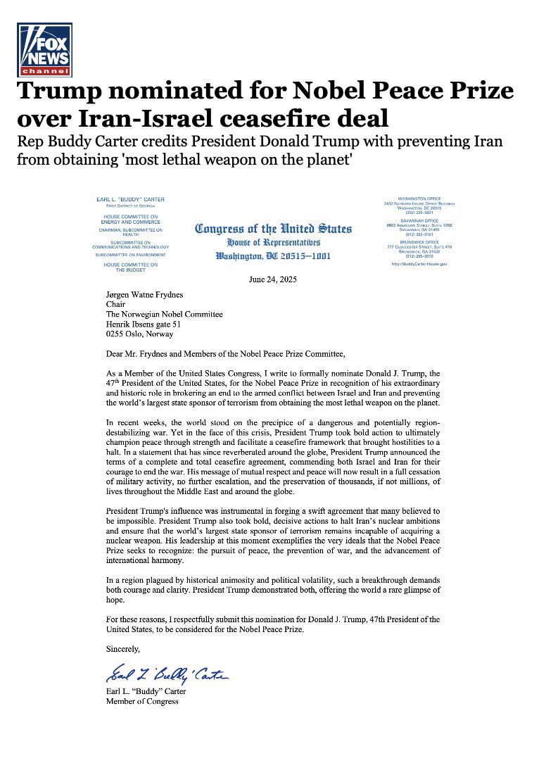 Trump Nominated for Nobel Peace Prize: Is This a Political Stunt? Trump Nobel Peace Prize nomination, Iran Israel ceasefire agreement, Buddy Carter political news
