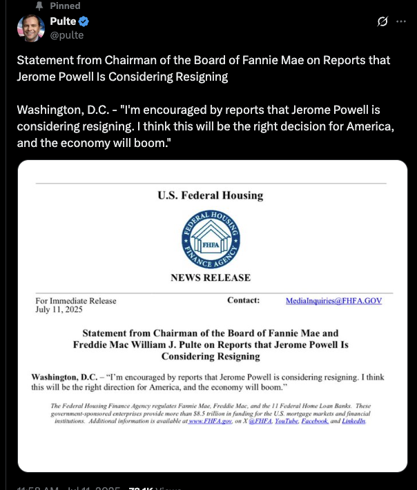 "Shockwaves: Fed Chair Powell's Possible Resignation Revealed!"  Jerome Powell resignation news, Federal Housing updates, William Pulte statements