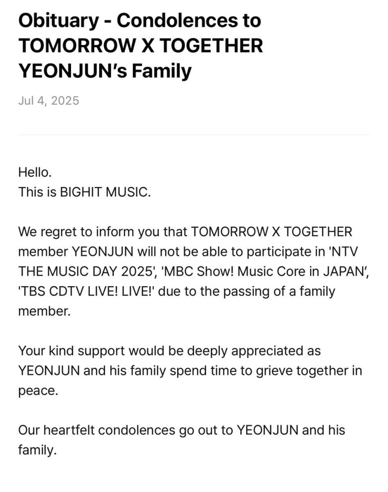 Tragic News: TOMORROW X TOGETHER's Yeonjun Faces Heartbreaking Loss TOMORROW X TOGETHER news, Yeonjun absence explanation, K-pop event updates