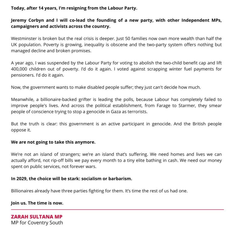 Zarah Sultana Exits Labour to Launch Controversial New Party! Zarah Sultana new political party, Jeremy Corbyn Labour split, UK leftist movement 2025